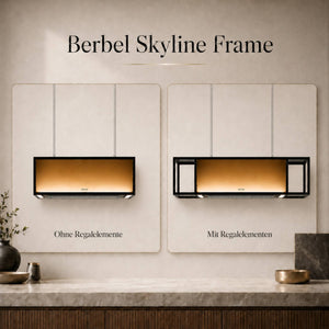 berbel Skyline Frame Inselhaube ohne oder mit seitlichen Regalelementen für Öl, Essig und Gewürze in moderner Wohnküche