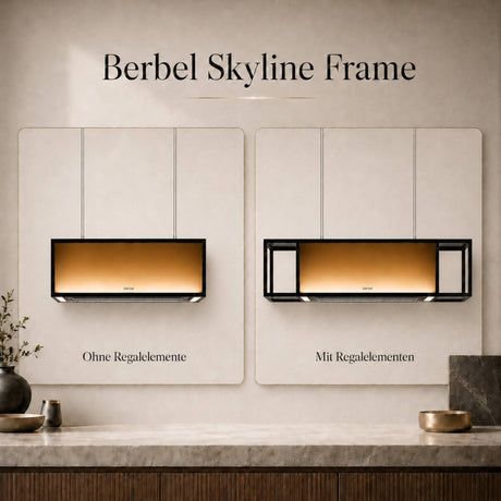 berbel Skyline Frame Inselhaube ohne oder mit seitlichen Regalelementen für Öl, Essig und Gewürze in moderner Wohnküche
