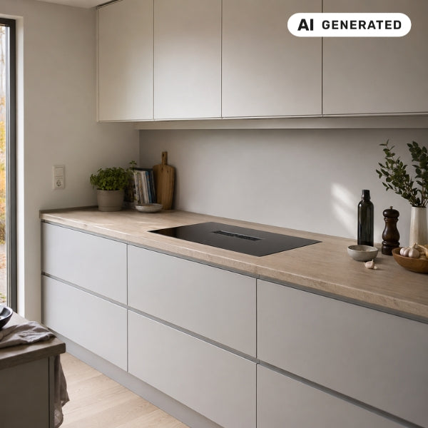 Moderne Küche mit unauffällig integrierter Dunstabzugshaube, minimalistisches Design