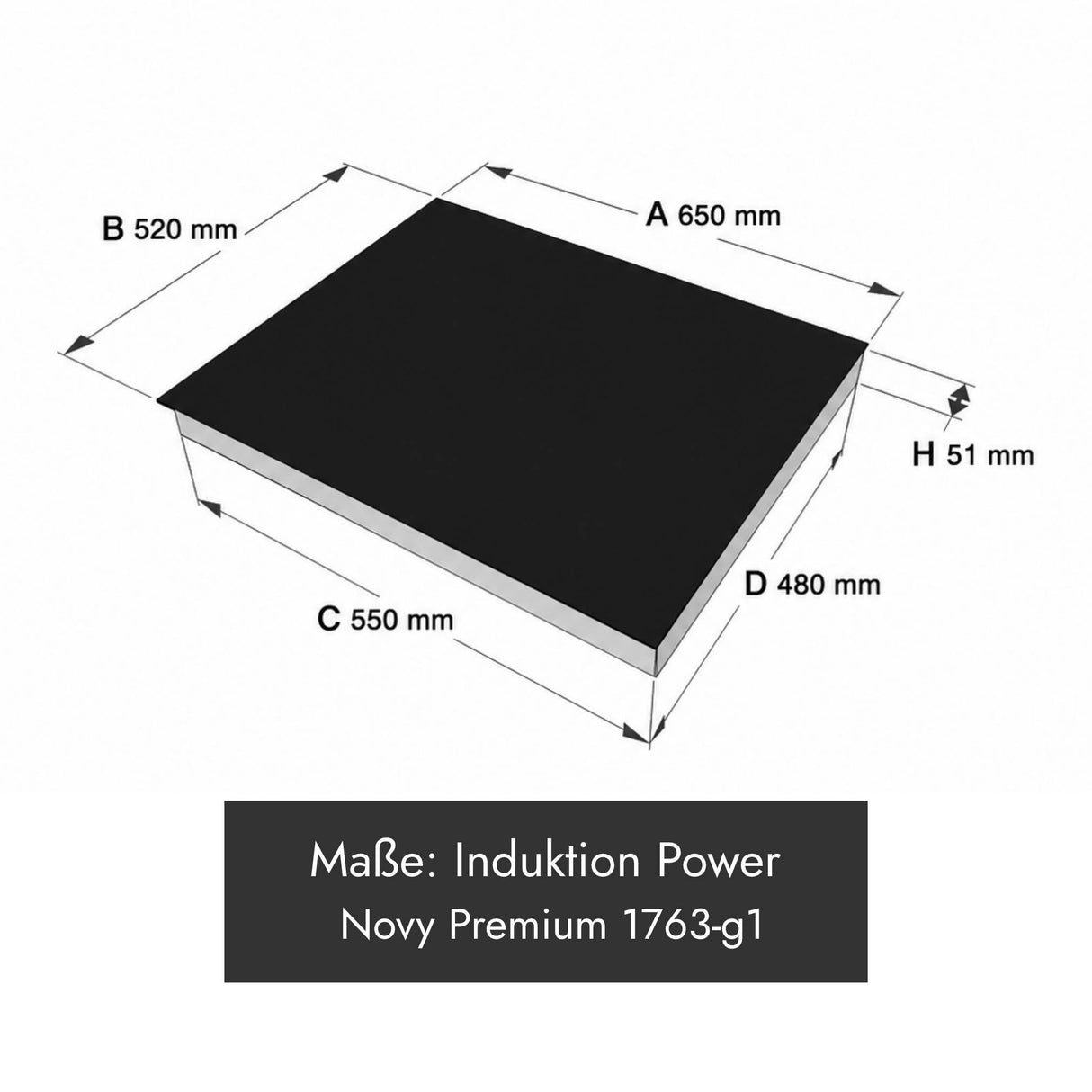 Novy 1763-g1 Power Induktionskochfeld mit 650 x 520 x 51 mm Gerätemaß und vier Kochzonen