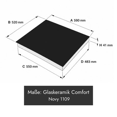 Novy 1109 Glaskeramik Comfort Kochfeld, 590 × 520 × 41 mm, schwarz mit vier Kochzonen