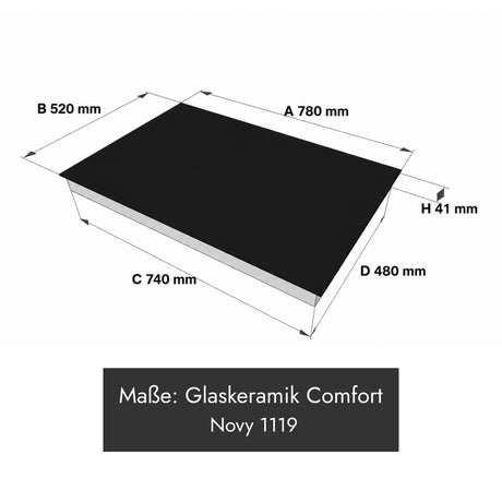 Novy 1119 Glaskeramik Comfort Kochfeld, 780 × 520 × 41 mm, schwarz mit vier Kochzonen