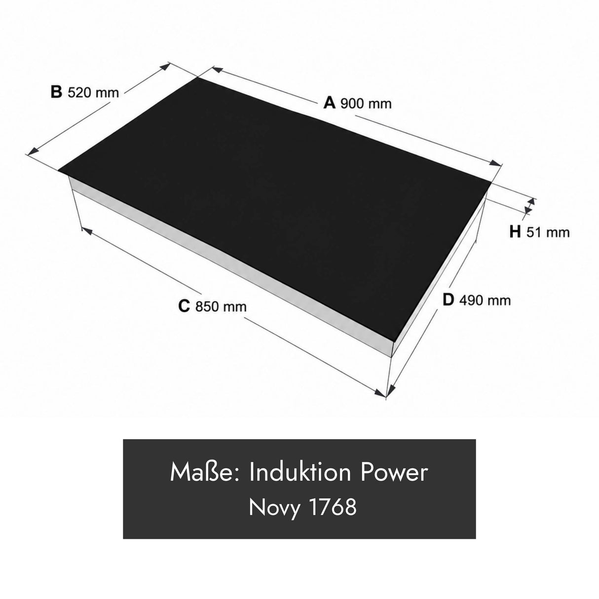 Novy 1768 Power Induktionskochfeld mit Gerätemaß 900 x 520 x 51 mm und 5 Kochzonen