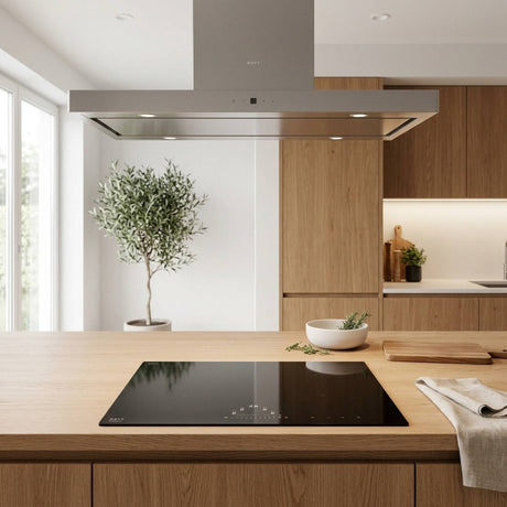 Detailansicht eines Novy Pro Induktionskochfelds mit glänzend schwarzer Glasfläche