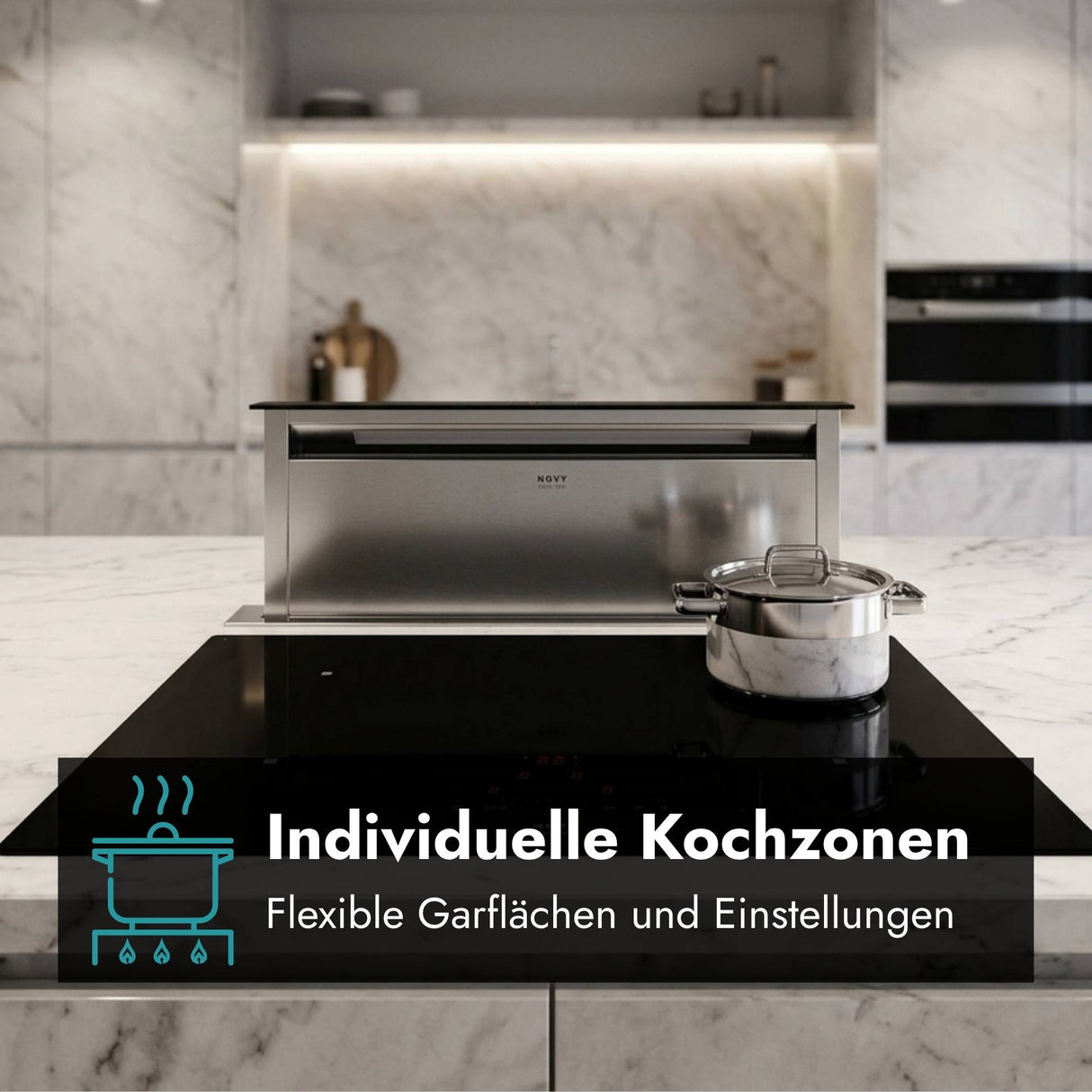 Schwarzes Novy Comfort Kochfeld mit individuellen Kochzonen und klarer Bedienoberfläche