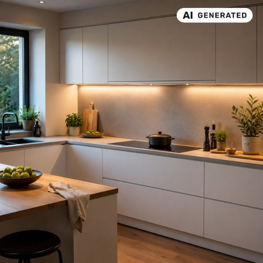 Aufgeräumte, moderne Küche mit geschlossener Flachschirmhaube für minimalistisches Design