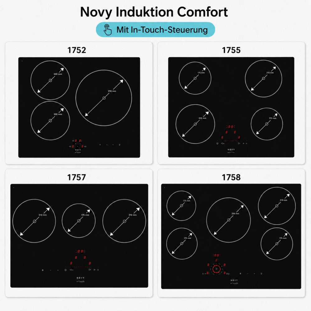 Schwarzes Novy Comfort Kochfeld mit runden Kochzonen und klarer Bedienoberfläche mit InTouch