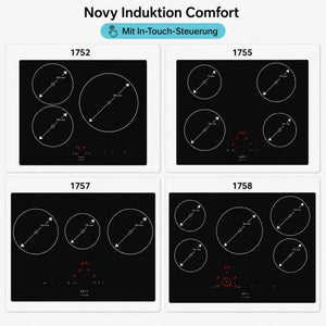Schwarzes Novy Comfort Kochfeld mit runden Kochzonen und klarer Bedienoberfläche mit InTouch