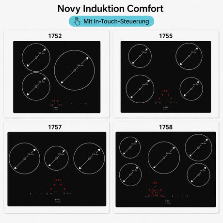 Schwarzes Novy Comfort Kochfeld mit runden Kochzonen und klarer Bedienoberfläche mit InTouch