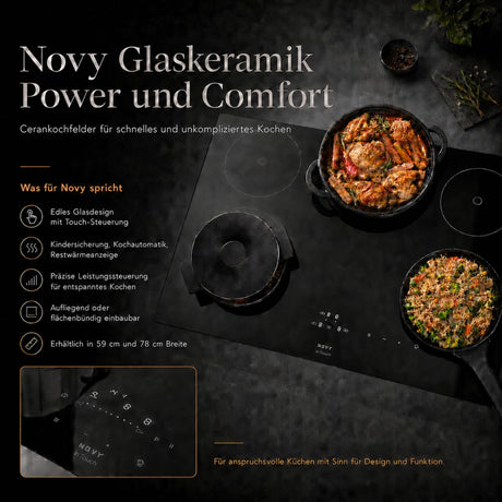 Novy Glaskeramik Power und Comfort Cerankochfeld in schwarzem Glasdesign mit Touch-Steuerung, Kochgeschirr auf dem Kochfeld und Hinweisen zu Komfortfunktionen sowie 59 cm und 78 cm Breite.