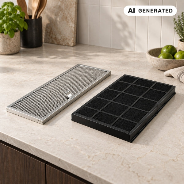 Zwei Novy Filtertypen: Edelstahl Metallfettfilter und schwarzer Monoblockfilter nebeneinander