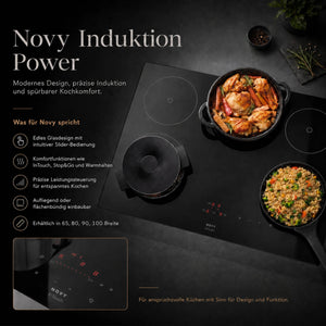 Novy Power Kochfelder mit moderner Induktionstechnik, elegantem Glasdesign, Slider-Bedienung und Komfortfunktionen in 65, 80, 90 und 100 cm Breite