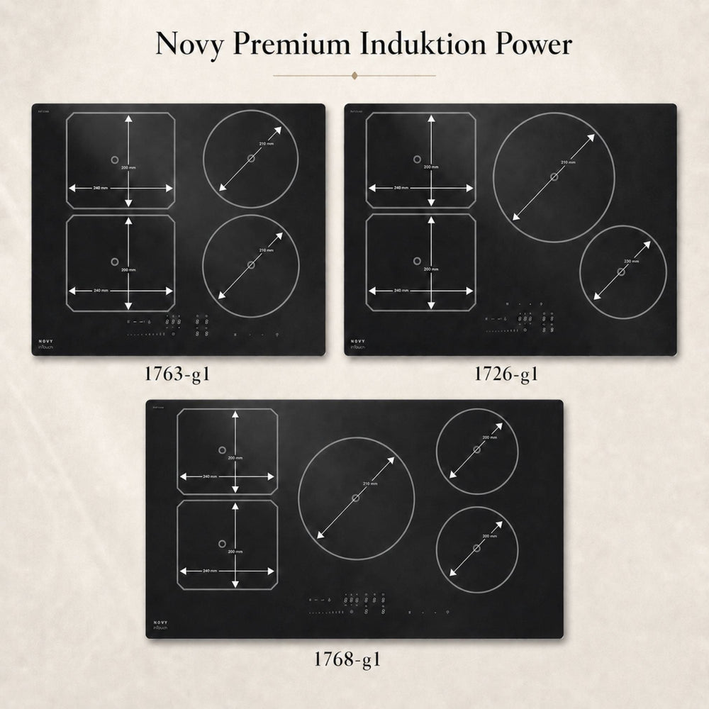 Novy Power Induktionskochfeld mit mattschwarzer Glasoberfläche und moderner Slider-Touch-Bedienung