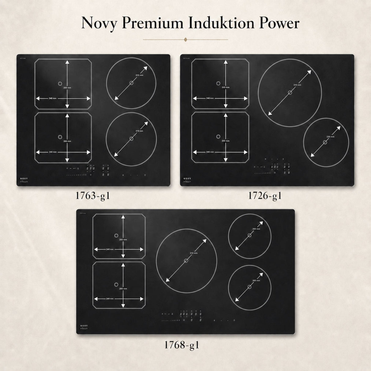 Novy Power Induktionskochfeld mit mattschwarzer Glasoberfläche und moderner Slider-Touch-Bedienung