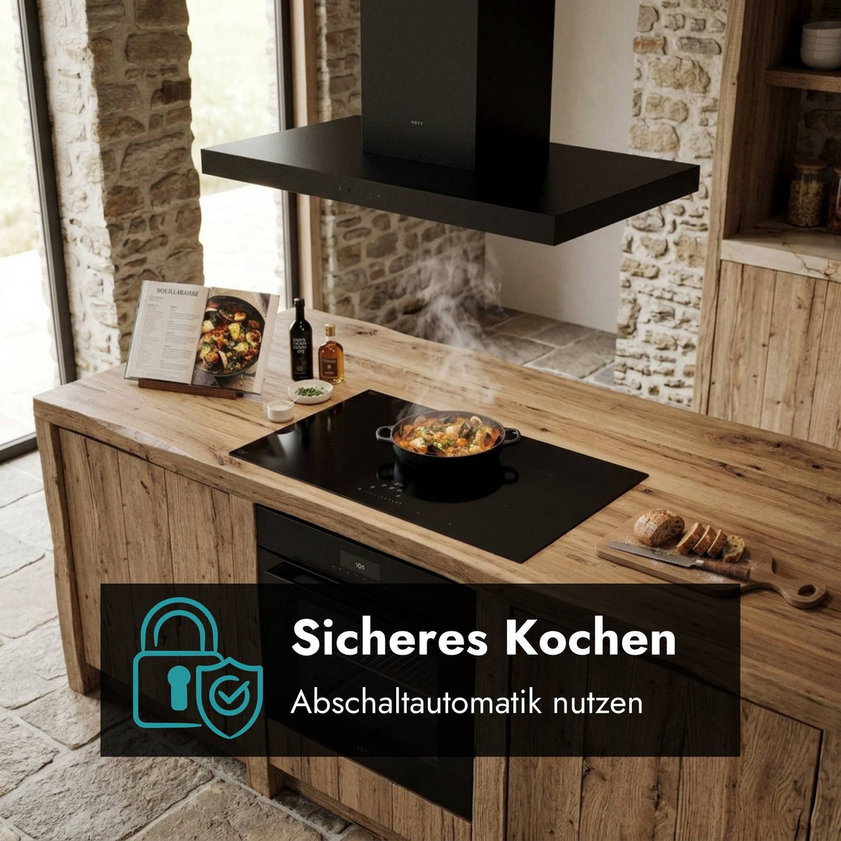 Schwarzes Novy Pro Kochfeld mit klarer Bedienzone und hochwertigem Glasdesign und Abschaltautomatik