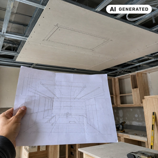 Hand prüft Bauplan für Deckenlüfter-Einbau in abgehängter Decke in Küchenrohbau