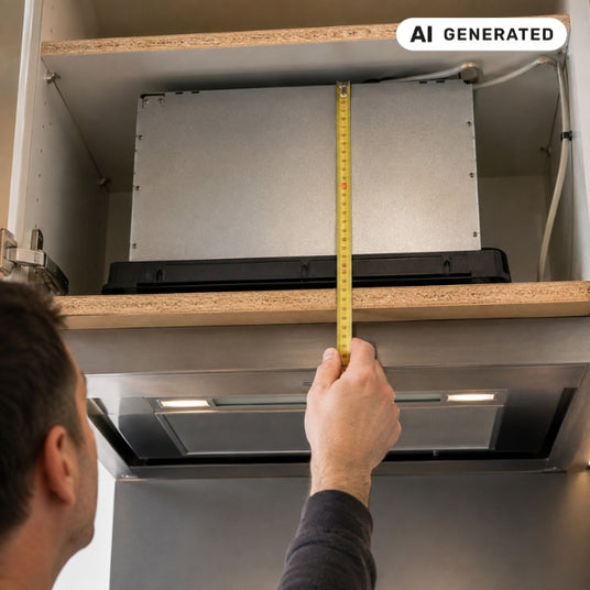 Einbau einer Umlufthaube: Platzbedarf für Umluftbox im Oberschrank wird gemessen