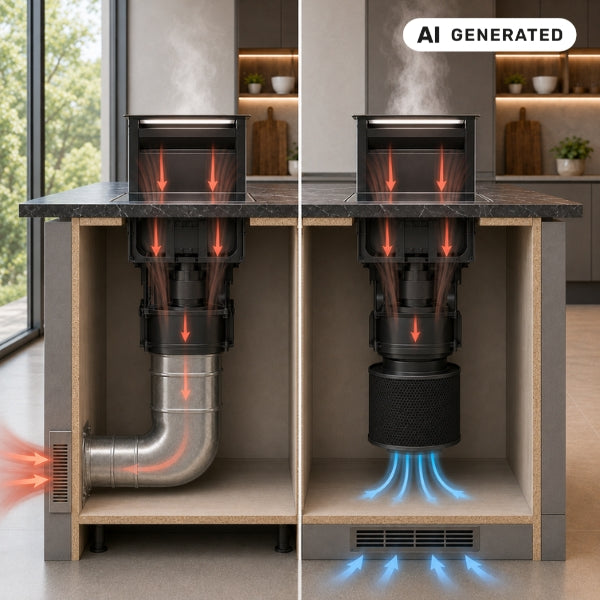 Schematische Darstellung der Luftführung für Abluft und Umluft bei Tischhauben