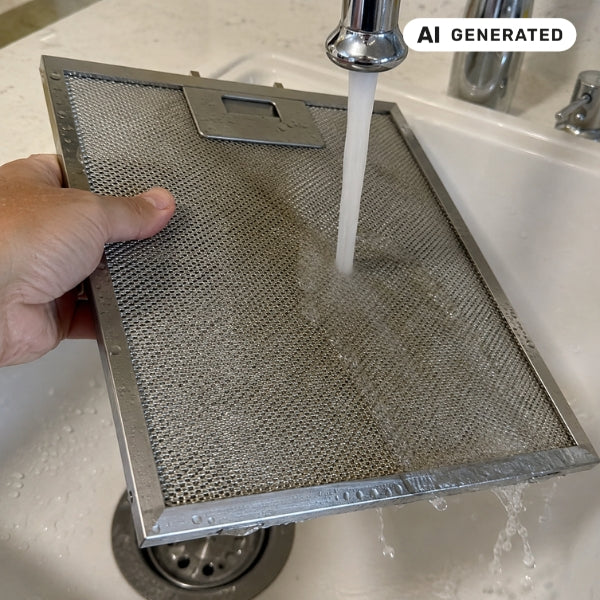 Fettfilter aus Edelstahl wird unter fließendem Wasser von Hand gereinigt