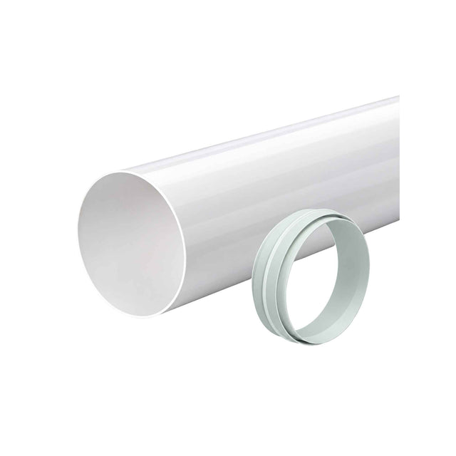 Weißes Rundrohr mit passendem Adapter für Abluftsysteme von Dunstabzugshauben, geeignet für 125 und 150 mm Rohrdurchmesser.