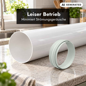 Weißes Rundrohr mit Adapter auf einer Küchenarbeitsplatte zur Reduzierung von Strömungsgeräuschen bei Dunstabzugshauben.