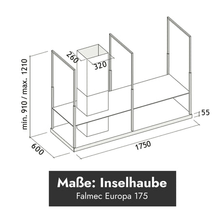 Maßskizze Falmec Europa 175 Black Inselhaube