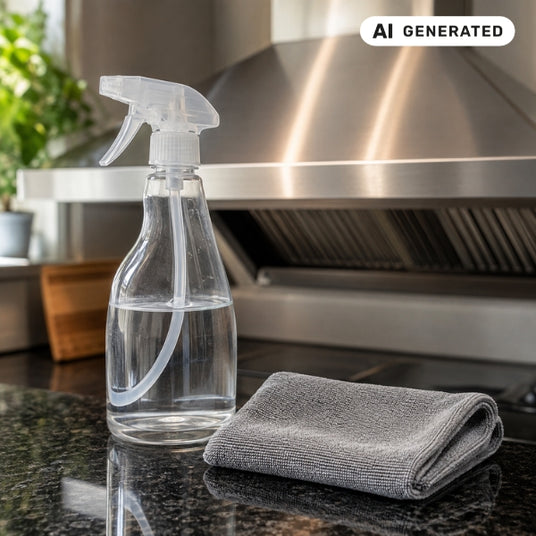 Fettlöser und Mikrofasertuch zur Reinigung von Dunstabzugshauben und Metallfettfiltern für Küchenhygiene.