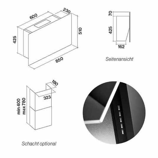 Technische Maßzeichnung der Falmec Cover Kopffreihaube inklusive Frontansicht, Seitenansicht, optionalem Schacht und Detailansicht der Bedienelemente.