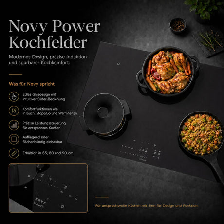 Novy Power Matte Line Kochfeld mit dezent sichtbaren Bedienelementen und hochwertiger Küchenoptik. Mit mit flexibler Kochfläche, Timerfunktionen und komfortabler Slider-Bedienung
