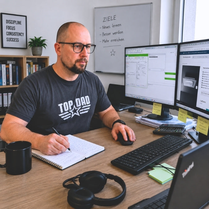 Ein Mann mit Brille und einem "TOP DAD"-T-Shirt sitzt an einem aufgeräumten Schreibtisch in einem Büro. Er schreibt konzentriert in ein Notizbuch, während er vor zwei Computerbildschirmen arbeitet, auf denen eine Website zu sehen ist. Im Hintergrund hängt ein Whiteboard mit der Aufschrift "ZIELE" und ein eingerahmtes Poster mit den Worten "DISCIPLINE, FOCUS, CONSISTENCY, SUCCESS".