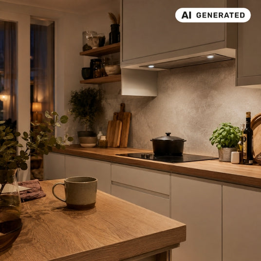 Gemütliche Küche nach dem Kochen mit passender, sauberer Dunstabzugshaube