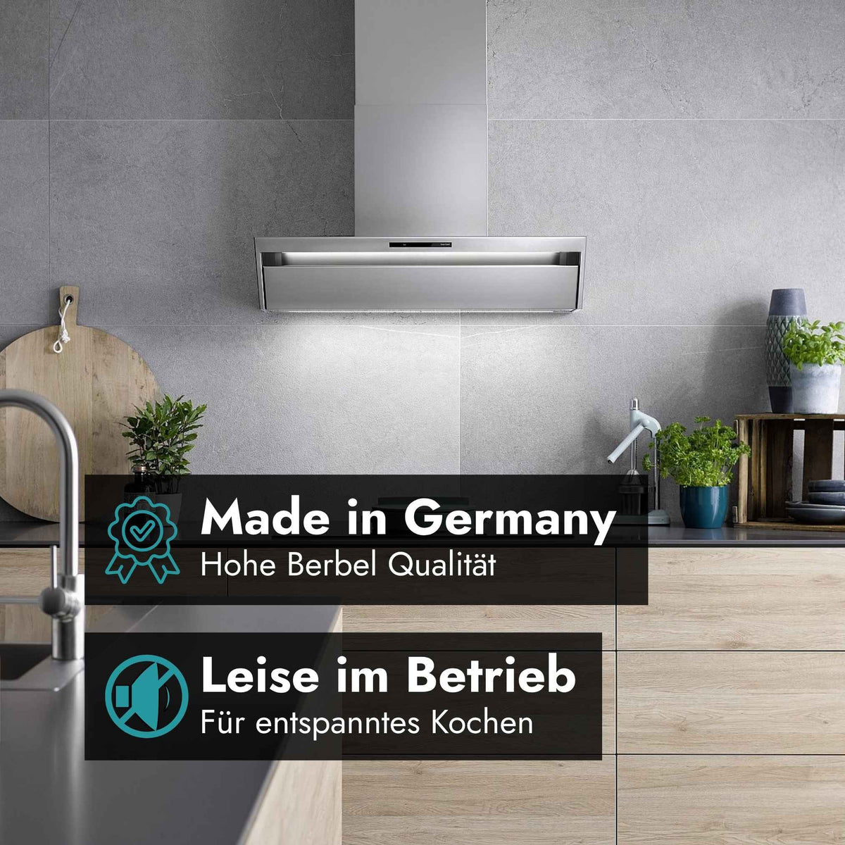 Berbel Kopffreihaube Formline BKH FO in einer modernen Küche mit Made in Germany Qualität und leisem Betrieb.