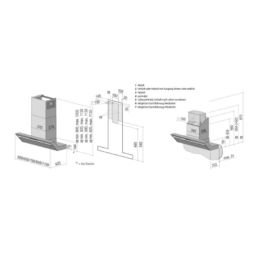 Technische Maße der Berbel Kopffreihaube Formline BKH FO für Abluft, Umluft und Hybridbetrieb.