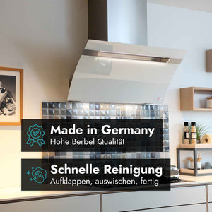 Weiße berbel Kopffreihaube in moderner Küche mit Hinweis auf Made in Germany und schnelle, einfache Reinigung durch Aufklappen und Auswischen.