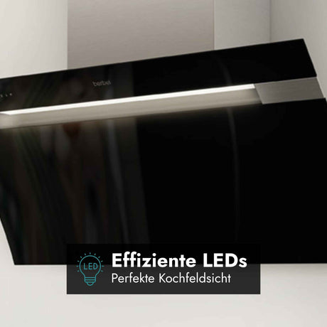 Schwarze berbel Kopffreihaube mit effizienter LED-Beleuchtung für eine helle und gleichmäßige Ausleuchtung des Kochfelds.