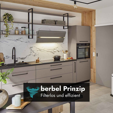 Berbel Kopffreihaube Smartline BKH ST in moderner Küche mit Hinweis auf das filterlose und effiziente berbel Prinzip.