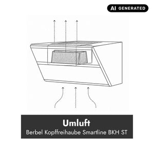 Technische Darstellung der Berbel Kopffreihaube Smartline BKH ST im Umluftbetrieb mit eingezeichnetem Luftstrom und Umluftfilter.