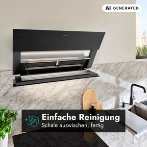 Geöffnete Berbel Shapeline BKH SL Kopffreihaube in Schwarz mit leicht zugänglicher Auffangschale zur einfachen Reinigung.