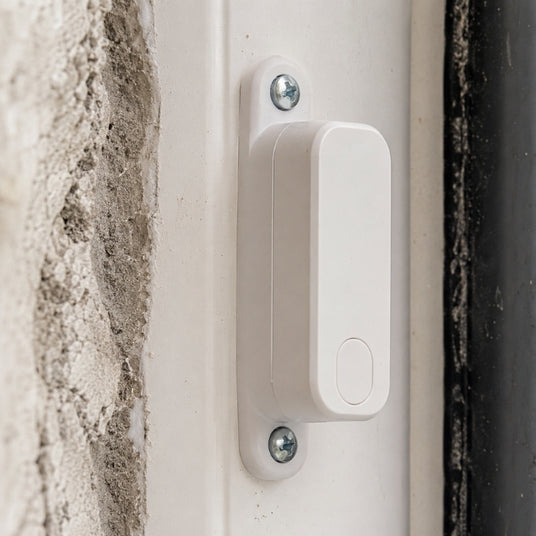 Detailreiche Montage eines Fenstersensors am Kunststoffrahmen.