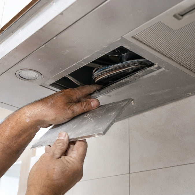 Handwerker verkabelt kabelgebundenen Schalter hinter der Dunstabzugshaube.