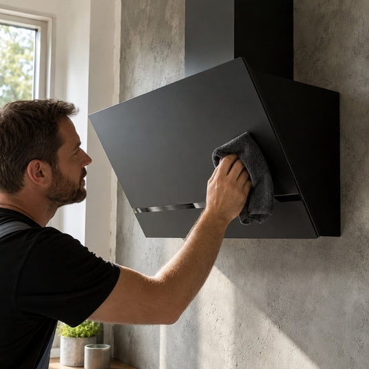 Ein Handwerker reinigt die matte Oberfläche einer modernen, kopffreien Dunstabzugshaube in Schwarz mit einem Mikrofasertuch.