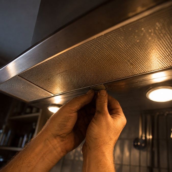 Unteransicht einer Dunstabzugshaube mit Fokus auf das Edelstahlgitter des Metallfettfilters im Wrasenfangraum.