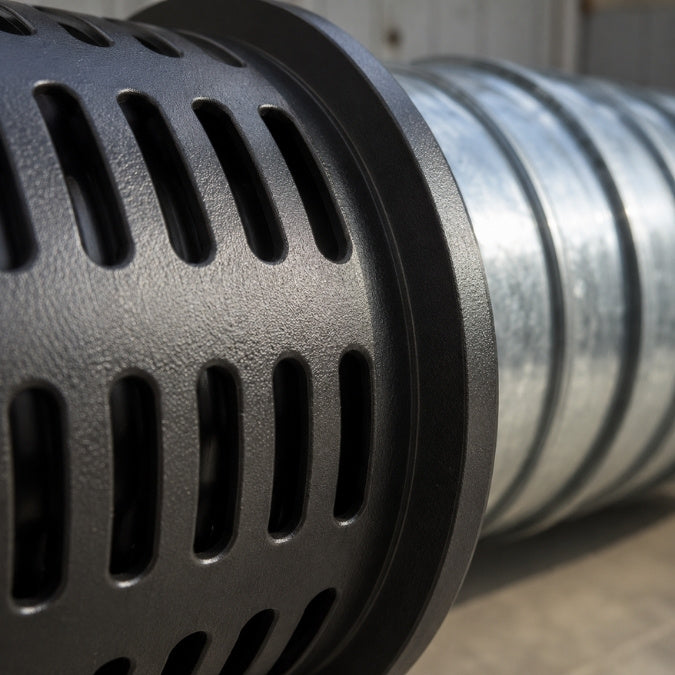 Seitenansicht des robusten Metallgehäuses eines Hochleistungs-Plasmafilters mit 1000 m³ Kapazität.