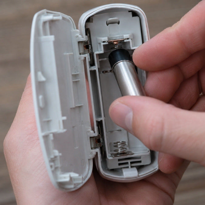 Detailaufnahme beim Batteriewechsel eines Funksensors am Fenster.